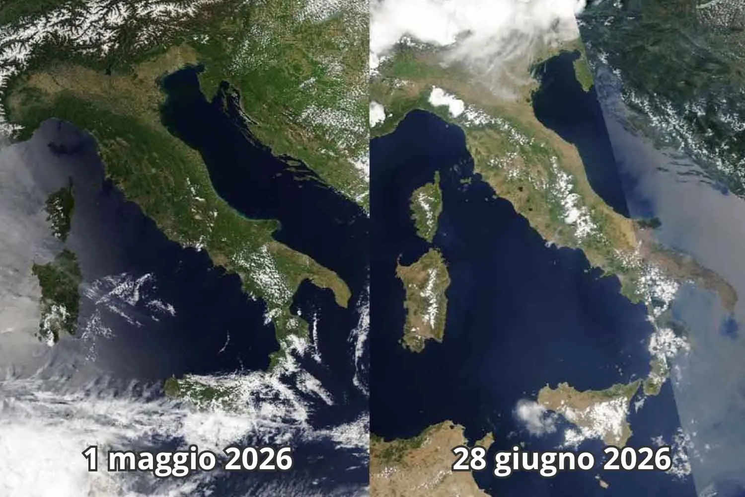L’Italia prima e dopo l'ondata di caldo: a fine giugno è già tutto secco, le foto del satellite fanno impressione